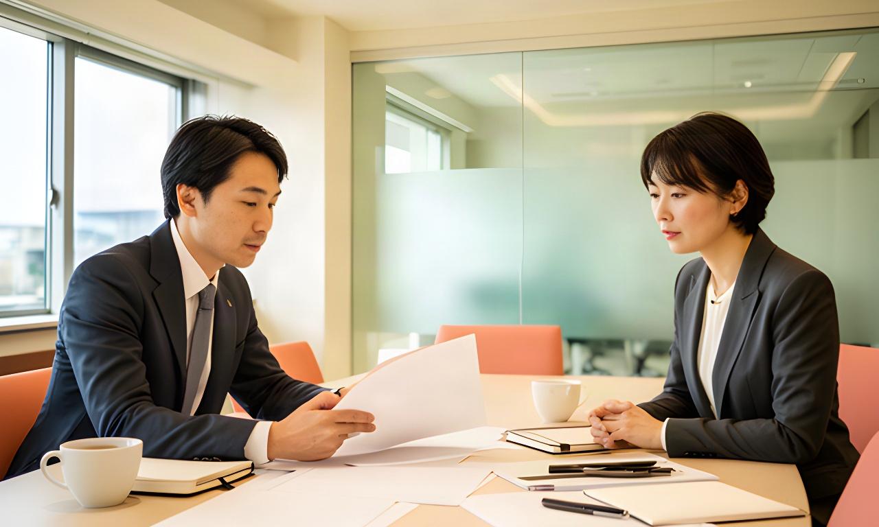岐阜県羽島市の会議室で事業計画書を確認するコンサルタントと経営者