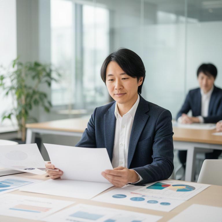岐阜本社の明るい打ち合わせスペースで資料を確認するコンサルタント